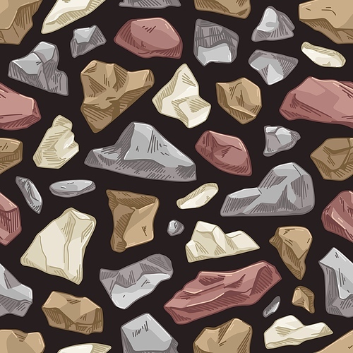 Seamless rock pattern. Endless background design with repeating stone print. Mosaic masonry texture with boulders, rough rubbles and coubles fragments. Hand-drawn vector illustration for decoration.