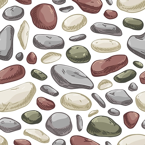 Seamless stone pattern. Endless rock background with repeating pebbles . Masonry texture. Repeatable design with boulder fragments and pieces. Hand-drawn vector illustration for decoration.