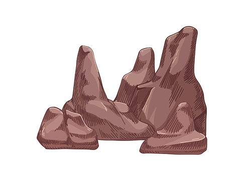 Big solid rocks. Large heavy boulders, brown mountain stones pile. Drawing of old rough cobbles heap. Geological composition. Realistic hand-drawn vector illustration isolated on white .