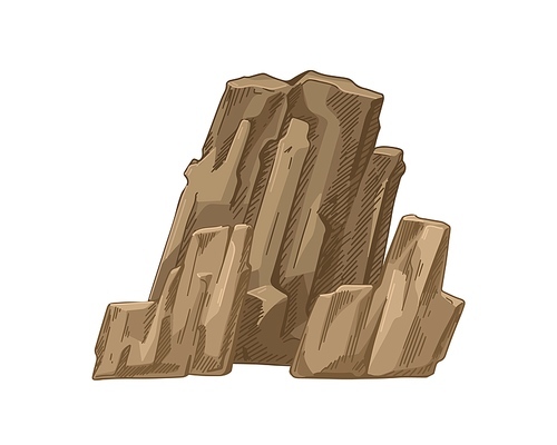 Big mountain rock formation. Igneous basalt stone group of irregular shape. Ancient geological solid rough rocky composition. Realistic hand-drawn vector illustration isolated on white .