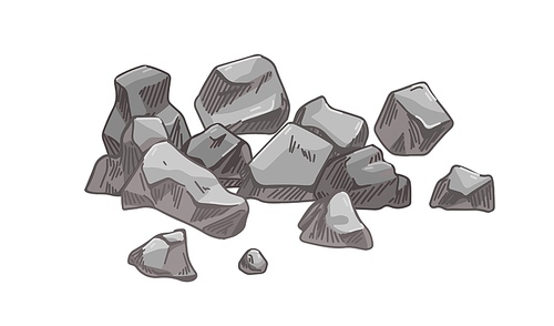 Small stones heap. Broken cobblestones pile. Gravel pieces composition. Natural granite, building fossil. Rock fragments. Geological hand-drawn vector illustration isolated on white .