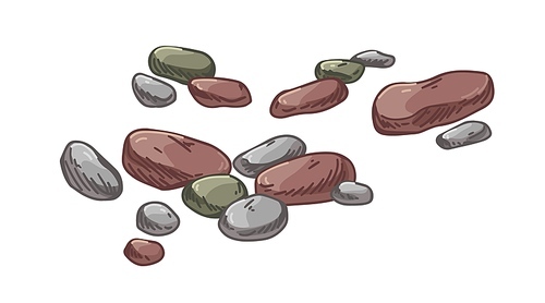 Pebbles, small beach stones. Smooth cobbles group. Different cobblestones composition. Marine rock fragments. Weathered rocky material. Hand-drawn vector illustration isolated on white .
