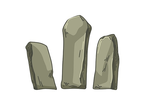 Big stone blocks, long tall boulders. Heavy solid rocks composition. Large rocky formation for building and construction. Realistic hand-drawn vector illustration isolated on white .
