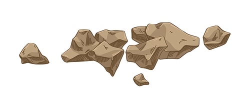 Broken rock pieces pile. Heap of small brown stones. Cracked cobblestones. Rough cobble fragments composition. Natural mountain fossil. Hand-drawn vector illustration isolated on white .