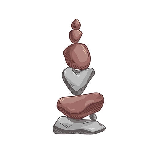 Pebble stones stack. Zen tower from rocks pile. Cobbles cairn. Symbol of balance and harmony. Cobblestones composition for Japanese garden. Hand-drawn vector illustration isolated on white .