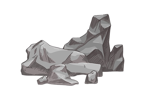 Big heavy rocks. Solid boulders group. Rough rubbles. Realistic drawing of natural material, mountain formation. Detailed hand-drawn vector illustration isolated on white .