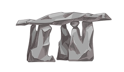 Big rocks construction, ancient dolmen from heavy stone blocks. Large rubbles slabs. Prehistoric megalith. Realistic hand-drawn graphic vector illustration isolated on white .