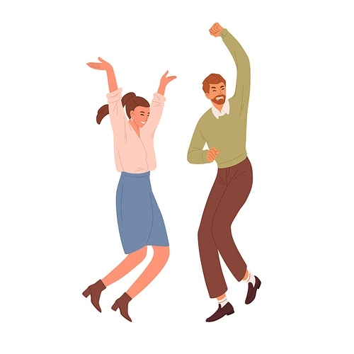 Happy people jumping and dancing from joy and happiness. Couple of positive energetic office workers celebrating success and victory. Colored flat vector illustration isolated on white .