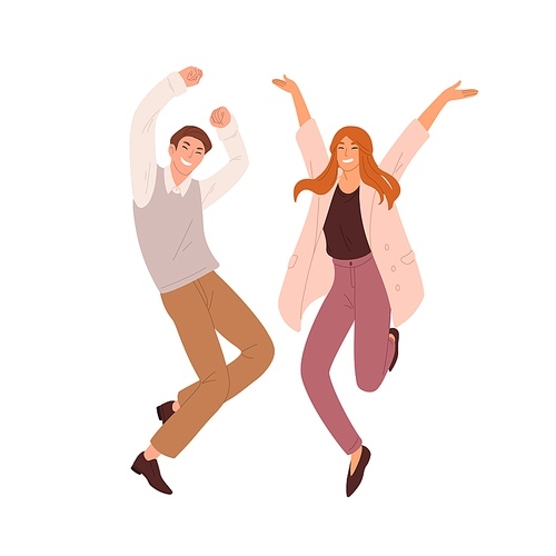 Couple of happy people dancing and jumping. Successful workers celebrating victory. Man and woman having fun together. Colored flat vector illustration of winners isolated on white .