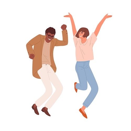 Happy people dancing and jumping, celebrating victory and success. Multiracial couple of colleagues having fun. Colored flat vector illustration of crazy office workers isolated on white .