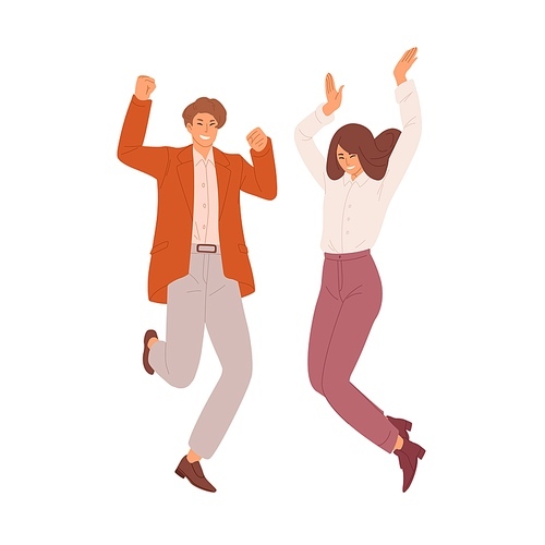 Happy couple of young man and woman dancing and jumping from joy. People celebrating success. Successful students or office workers. Colored flat vector illustration isolated on white .