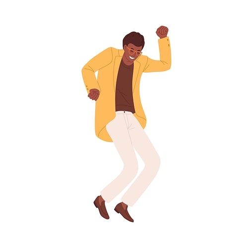 Happy energetic black-skinned man expressing joy by jumping and dancing. Winner celebrating success, achievement and victory. Colored flat vector illustration isolated on white .