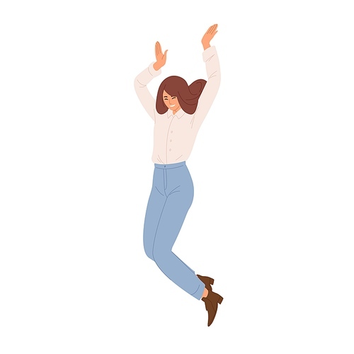 Happy woman jumping up and celebrating her success and victory. Successful employee expressing joy and happiness. Colored flat vector illustration of rejoicing winner isolated on white .