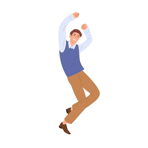 Happy man jumping and dancing from joy and happiness. Successful office worker celebrating victory with fists up. Colored flat vector illustration of excited employee isolated on white .