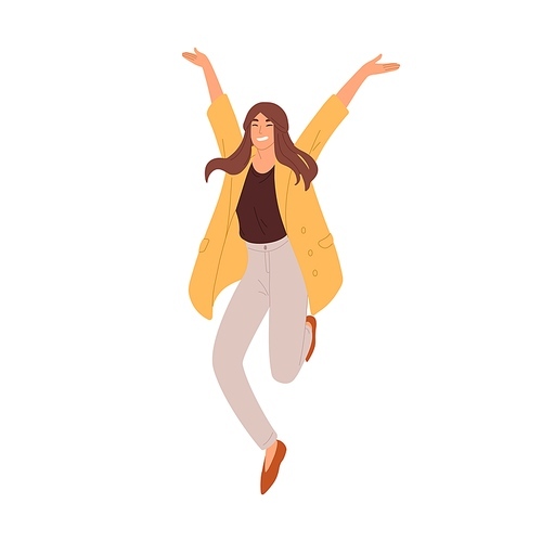 Happy woman jumping up from joy and success. Rejoicing employee celebrating achievement and victory. Delighted successful person. Colored flat vector illustration isolated on white .