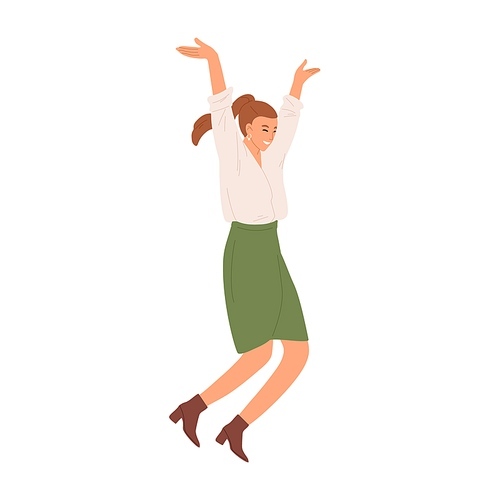 Happy positive woman jumping and expressing joy. Concept of victory celebrating. Cheerful energetic office worker feeling happiness. Colored flat vector illustration isolated on white .