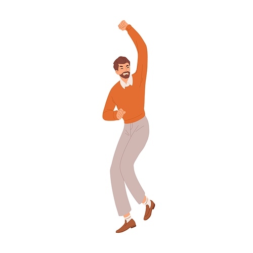 Happy man gesturing with fist up, expressing joy and celebrating success and victory. Delighted and rejoicing employee. Colored flat vector illustration of lucky person isolated on white .