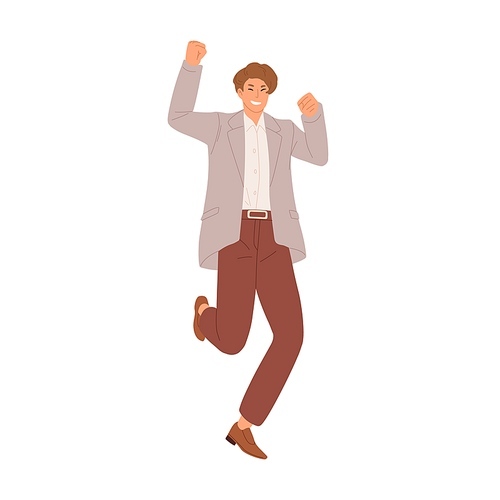 Happy smiling man jumping from joy and celebrating success in businesses. Lucky businessman enjoying his achievements. Colored flat vector illustration of excited guy isolated on white .