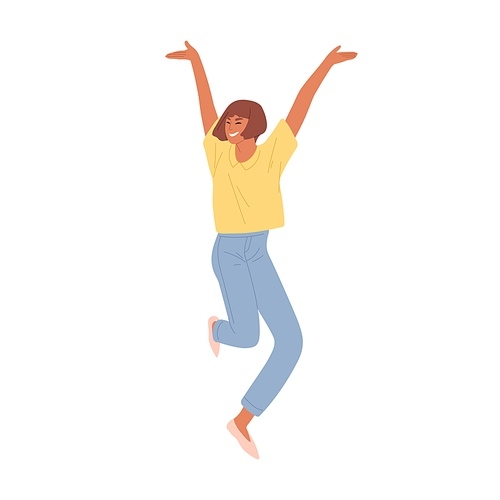 Happy smiling woman jumping from joy and success. Young energetic student celebrating achievements and victory. Colored flat vector illustration of delighted person isolated on white .