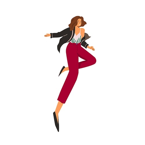 Happy young carefree woman jumping up for fun and joy, feeling freedom. Active excited smiling character with positive emotions. Colored flat vector illustration isolated on white .