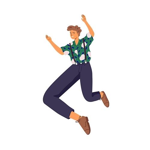 Happy young energetic man jumping up for fun and joy. Active excited smiling guy feeling freedom. Colored flat vector illustration of positive character isolated on white .