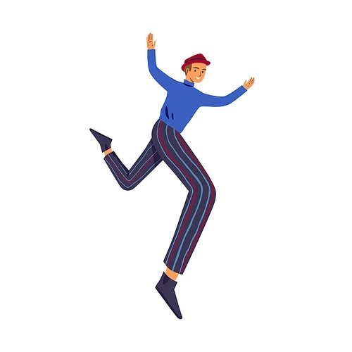 Happy man jumping or flying for fun and joy. Active carefree guy with feeling of freedom and carelessness. Colored flat vector illustration of funny positive character isolated on white .