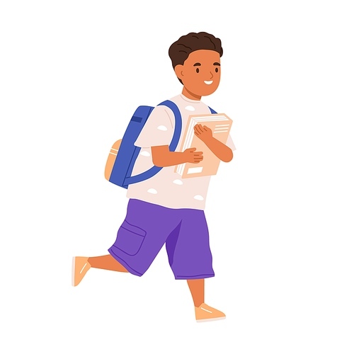 Child going to school with schoolbag and book in hands. Elementary student boy walking with bag. Happy kid running. Schoolboy rushing. Colored flat vector illustration isolated on white .