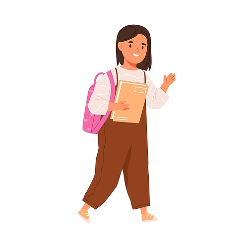School girl walk with schoolbag and book. Happy child with backpack going, greeting smb with hi gesture. Pupil kid and textbook. Flat vector illustration of schoolchild isolated on white .