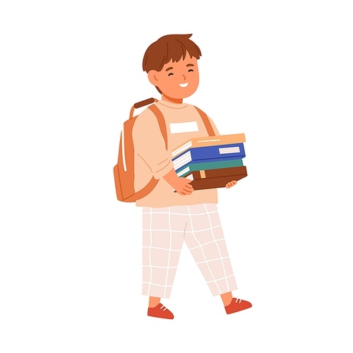 Happy kid walking with stack of books in hands and schoolbag. Elementary student child going with backpack to school. Schoolboy smiling. Colored flat vector illustration isolated on white .