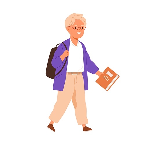 Happy school boy going with schoolbag and book in hands. Primary student kid walking with backpack. Schoolboy smiling. Flat vector illustration of smart child in eyewear isolated on white .