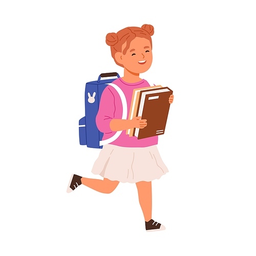 School girl walking with books and schoolbag. Happy kid first-grader going with bag and textbooks. Child schoolgirl running from library with joy. Flat vector illustration isolated on white .