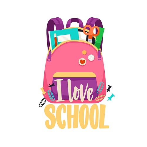 I love School, lettering composition with open schoolbag packed with books, notebooks and other stationery in bags pockets. Girlish knapsack. Flat vector illustration of backpack isolated on white.