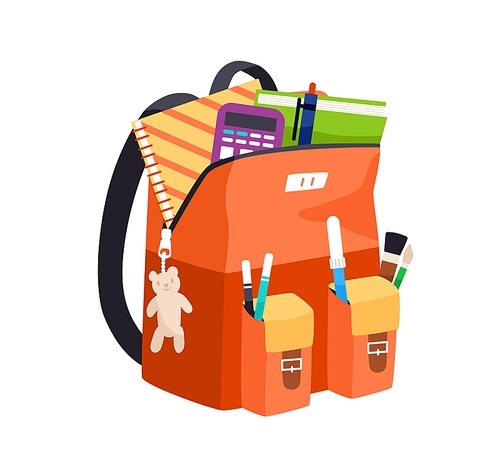Schoolbag packed with stationery. Open school bag with books, copybooks and pens in pockets. Kids backpack with textbooks and notebooks. Colored flat vector illustration isolated on white .