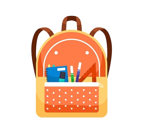 Schoolbag with school stationery. Bag with front pocket packed with pens, pencils and rulers. Girls backpack. Closed knapsack. Colored flat vector illustration isolated on white .