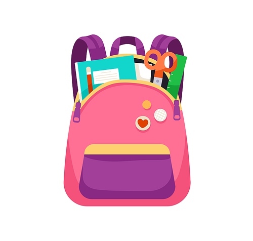 Schoolbag with stationery in open pocket. Front view of girlish school bag packed with pens and notebooks. Kids backpack. Knapsack with badges. Flat vector illustration isolated on white .