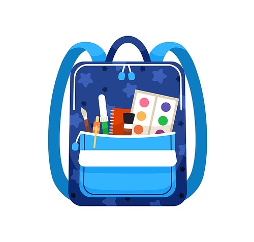 Schoolbag with school supplies in front pocket of bag. Kids backpack with stationery. Packed schoolchild knapsack with pen, brush and paint. Flat vector illustration isolated on white .
