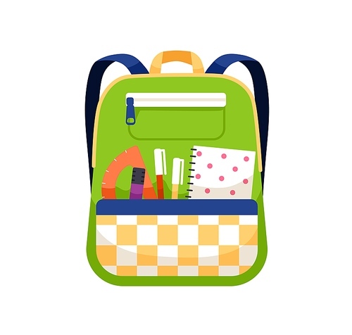 Schoolbag with school stationery. Kids bag with schoolchilds supplies and accessories in pocket. Packed backpack with pens and notebook. Colored flat vector illustration isolated on white .