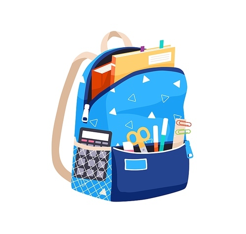 Schoolbag with school stationery and books in pockets. Schoolkids packed bag full of supplies. Open backpack with pens and copybooks. Flat vector illustration of knapsack isolated on white .