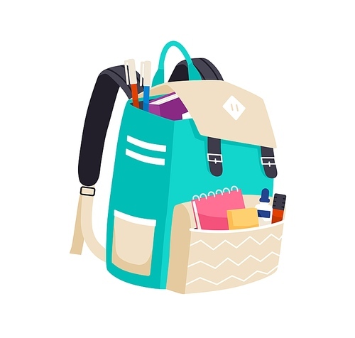 Schoolbag full of school stationery, books and supplies in pockets of backpack. Heavy bag overfilled with notebooks and pens. Flat vector illustration of knapsack isolated on white .