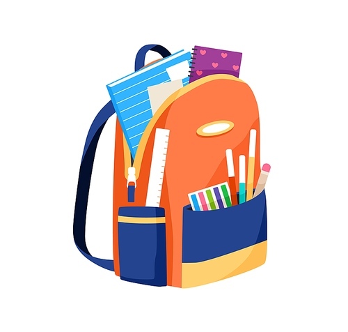 School bag full of stationery, books and supplies in pockets. Open schoolbag with pens and pencils. Schoolkids backpack. Colored flat vector illustration of knapsack isolated on white .