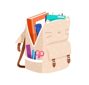 Open schoolbag packed with school stationery. Bag with books, pens in pocket. Backpack with supplies. Kitty-shaped knapsack with ears. Colored flat vector illustration isolated on white .