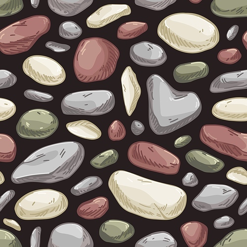 Seamless stone pattern. Endless rock background with repeating cobbles . Masonry texture with cobblestones and rubbles. Sett wrapping design. Hand-drawn vector illustration for decoration.