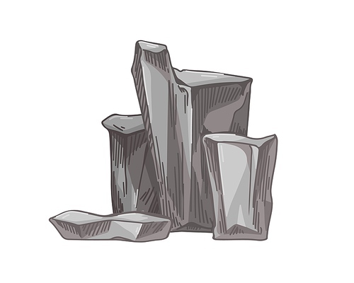 Big mountain rock formation. Stone group. Solid rough boulders. Ancient rocky composition. Realistic detailed hand-drawn vector illustration of rubbles isolated on white .