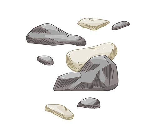 Stones pile. Cobblestones composition. Rough cobbles group. Natural mountain fossil. Rock fragments and pieces. Geological hand-drawn vector illustration isolated on white .