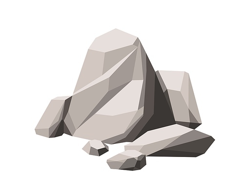 Big heavy rocks. Group of solid stones, boulders and cobbles. Polygonal mountain rubbles. Abstract geological rocky composition. Cartoon graphic vector illustration isolated on white .