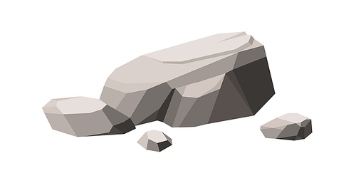 Polygonal boulder stone and cracked rock pieces. Big solid bowlder and heavy cobbles. Geometric huge rubble and cobblestones. Lowpoly cartoon vector illustration isolated on white .