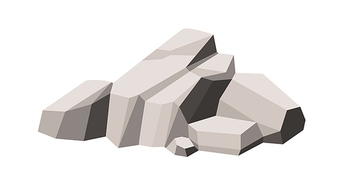 Polygonal rocks heap. Geometric boulders. Big stones with angular facets. Heavy rubbles composition. Lowpoly boulderstones. Flat vector illustration of rocky formation isolated on white .