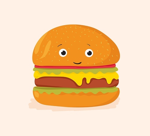 Funny burger with happy face. Cute hamburger with eyes and smile. Fast food character, sweet cheeseburger with bun head, mustard sauce and meat. Flat cartoon vector illustration of fastfood.