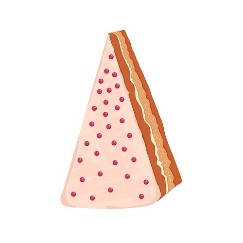 Piece of cake with sweet cream, frosting and sprinkles. Triangle slice of layered pastry. Tasty sugar food, top view. Yummy dessert. Flat cartoon vector illustration isolated on white .