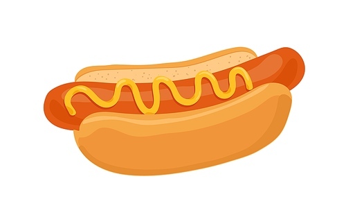 Hot dog, American snack with sausage and mustard sauce between long buns. Yummy hotdog. Unhealthy fast food with frankfurter. Fastfood sandwich. Flat vector illustration isolated on white .